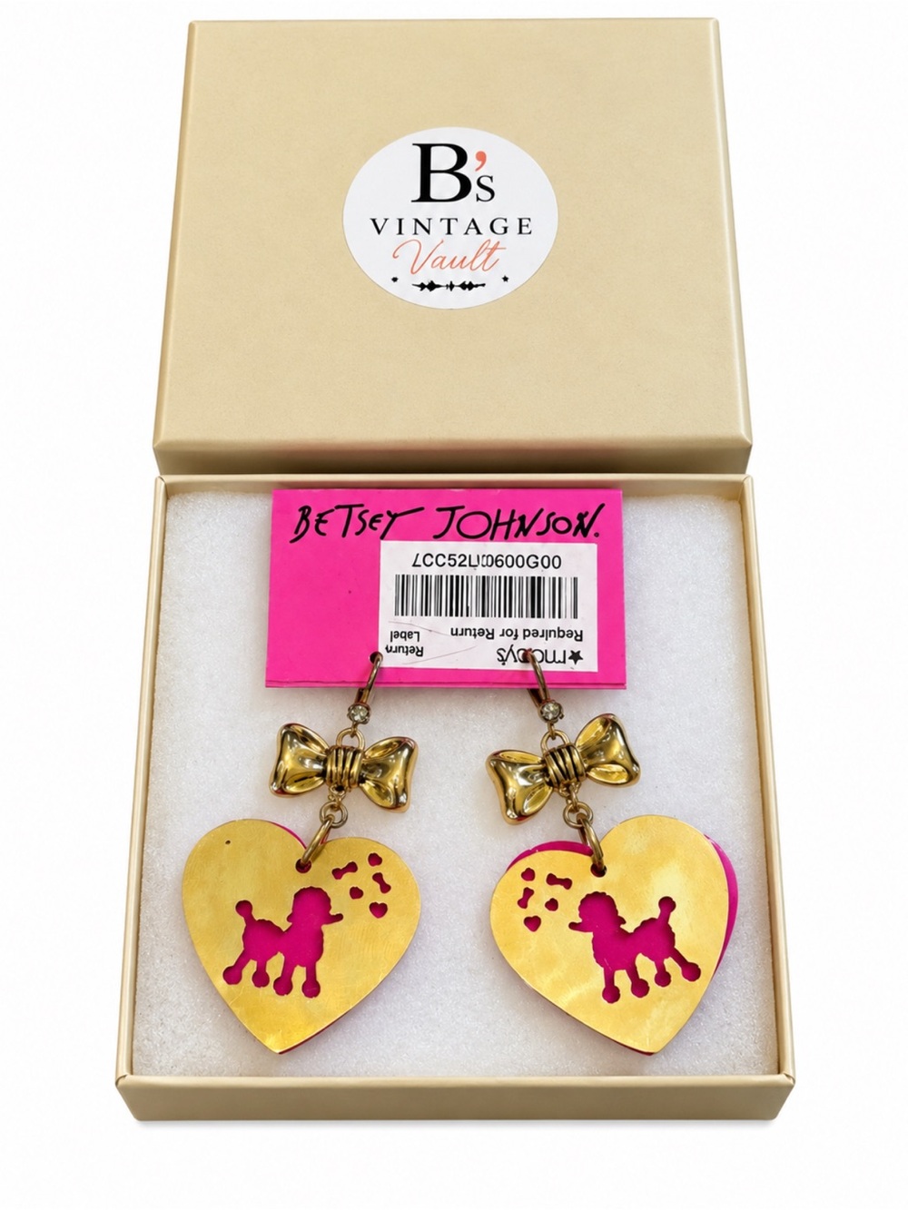 Betsey Johnson Gold and Pink Poodle Heart Dangle Earrings